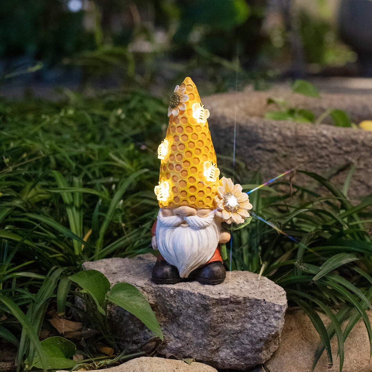 Garden Gnome Statue Solar Powered with Glowing Bees Sunflower Outdoor Funny Resin Figurine Decorations for Patio Yard Lawn Porch Housewarming Ornament Gift